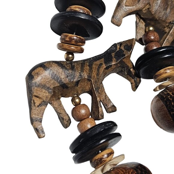 Handmade African Safari Wooden Zebra Giraffe Beaded Necklace Hand Carved Animal - Picture 5 of 7